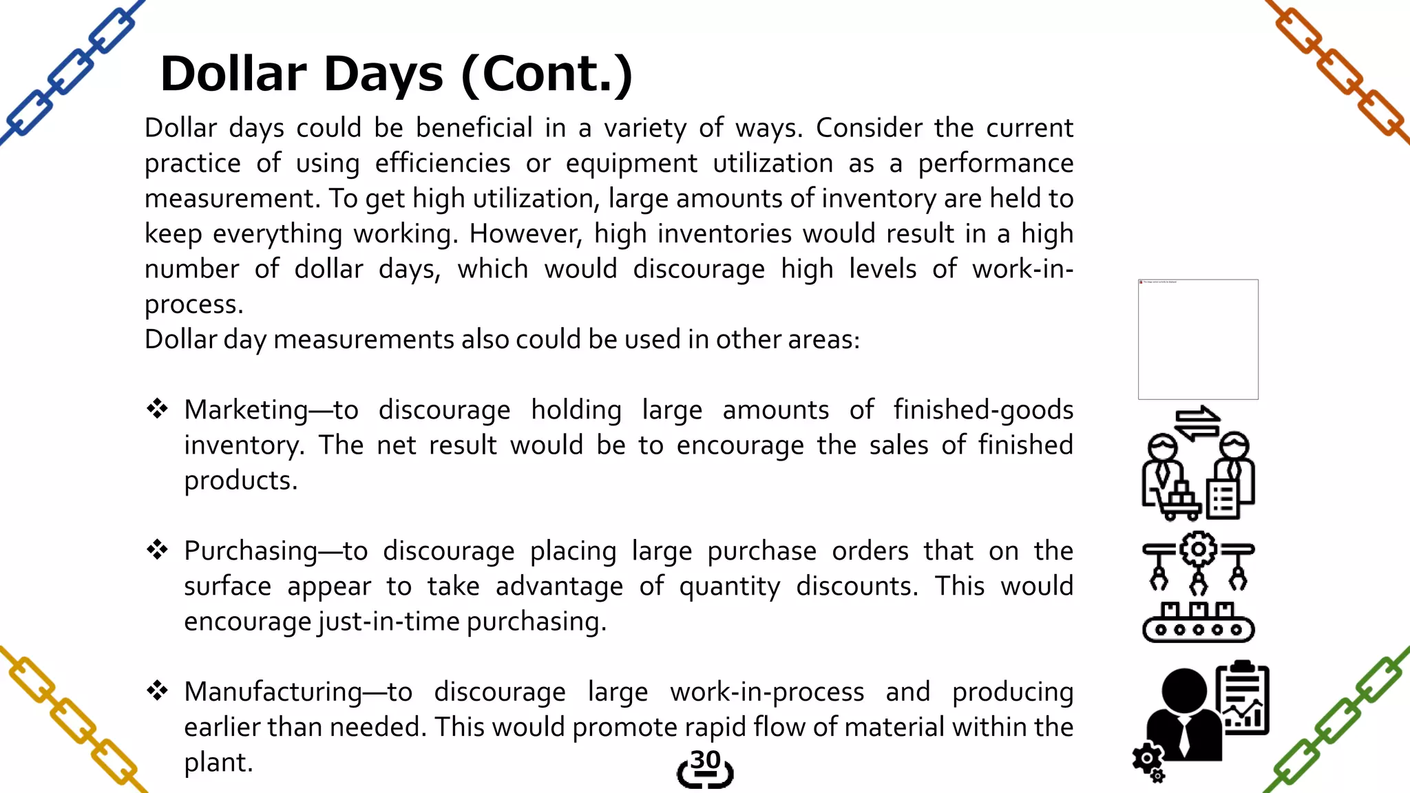 Dollar days could be beneficial in a variety of ways. Consider the current
practice of using efficiencies or equipment utilization as a performance
measurement. To get high utilization, large amounts of inventory are held to
keep everything working. However, high inventories would result in a high
number of dollar days, which would discourage high levels of work-in-
process.
Dollar day measurements also could be used in other areas:
 Marketing—to discourage holding large amounts of finished-goods
inventory. The net result would be to encourage the sales of finished
products.
 Purchasing—to discourage placing large purchase orders that on the
surface appear to take advantage of quantity discounts. This would
encourage just-in-time purchasing.
 Manufacturing—to discourage large work-in-process and producing
earlier than needed. This would promote rapid flow of material within the
plant.
Dollar Days (Cont.)
30
 