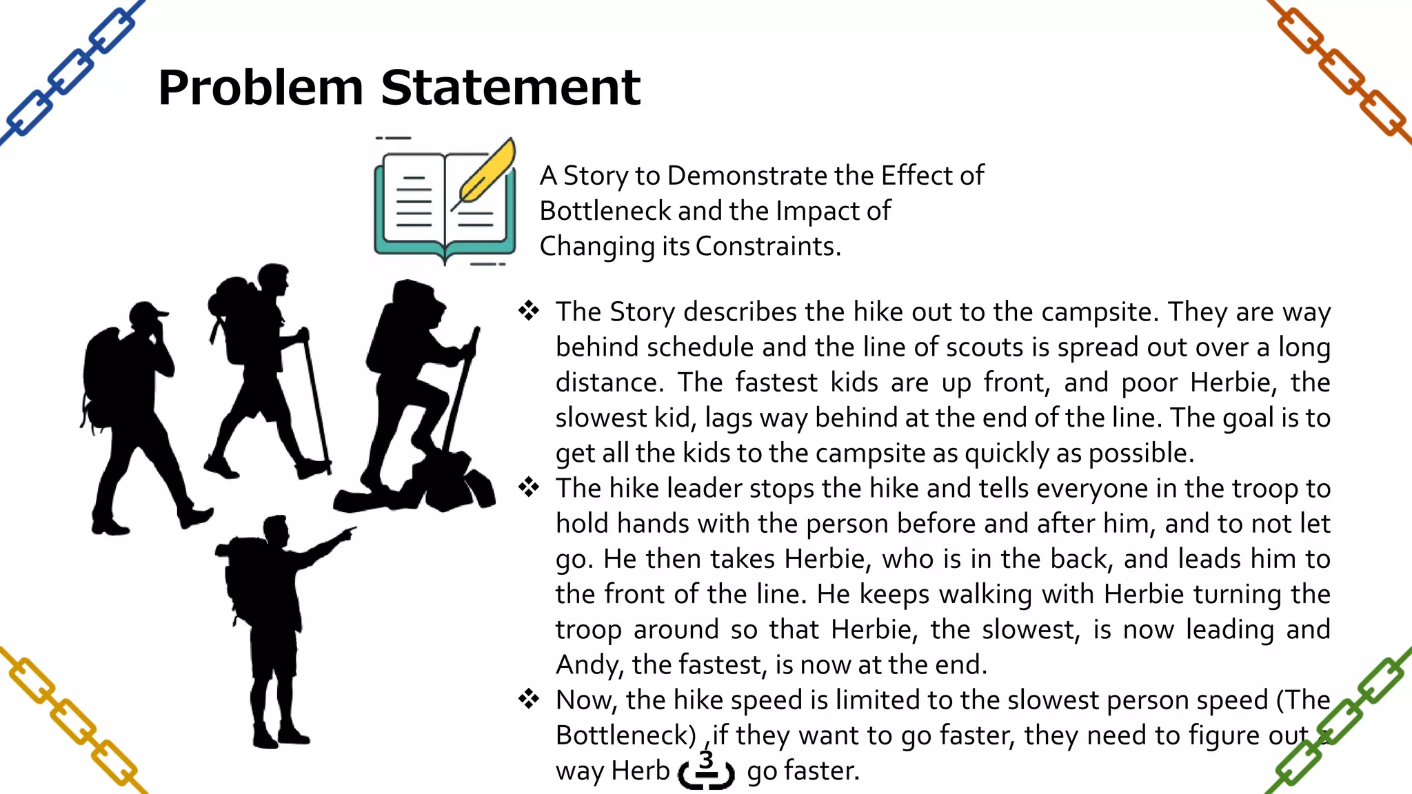  The Story describes the hike out to the campsite. They are way
behind schedule and the line of scouts is spread out over a long
distance. The fastest kids are up front, and poor Herbie, the
slowest kid, lags way behind at the end of the line. The goal is to
get all the kids to the campsite as quickly as possible.
 The hike leader stops the hike and tells everyone in the troop to
hold hands with the person before and after him, and to not let
go. He then takes Herbie, who is in the back, and leads him to
the front of the line. He keeps walking with Herbie turning the
troop around so that Herbie, the slowest, is now leading and
Andy, the fastest, is now at the end.
 Now, the hike speed is limited to the slowest person speed (The
Bottleneck) ,if they want to go faster, they need to figure out a
way Herbie can go faster.
A Story to Demonstrate the Effect of
Bottleneck and the Impact of
Changing itsConstraints.
Problem Statement
3
 