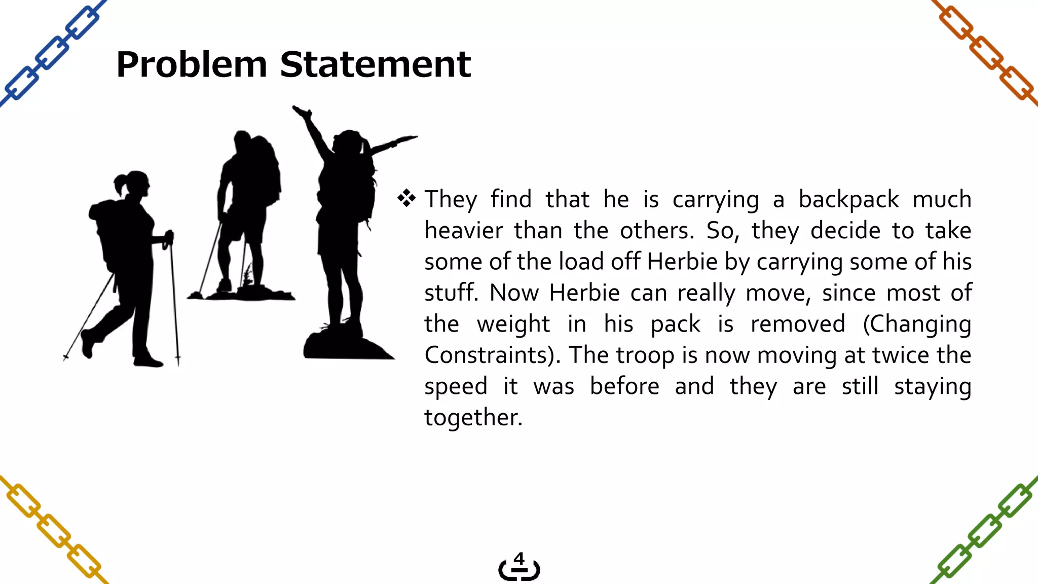  They find that he is carrying a backpack much
heavier than the others. So, they decide to take
some of the load off Herbie by carrying some of his
stuff. Now Herbie can really move, since most of
the weight in his pack is removed (Changing
Constraints). The troop is now moving at twice the
speed it was before and they are still staying
together.
4
Problem Statement
 