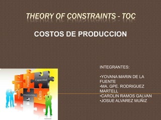 THEORY OF CONSTRAINTS - TOC

 COSTOS DE PRODUCCION



                  INTEGRANTES:

                  •YOVANA MARIN DE LA
                  FUENTE
                  •MA. GPE. RODRIGUEZ
                  MARTELL
                  •CAROLIN RAMOS GALVAN
                  •JOSUE ALVAREZ MUÑIZ
 