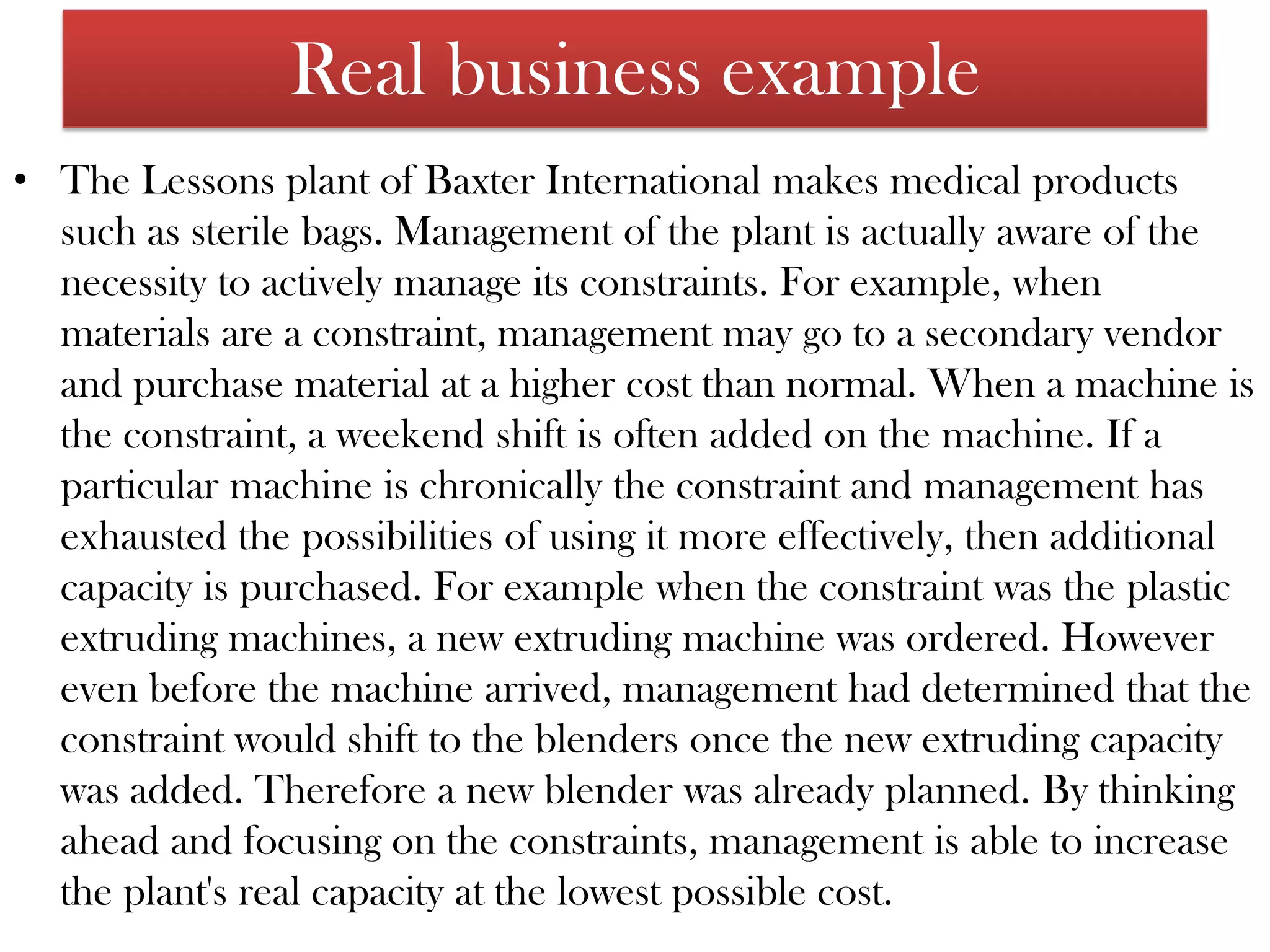 The problem could arise, however, that component 1 will arrive at the Assembly 1 area before component 2 because of some problem with component 2. Multiple-time Buffers…Since we wouldnever want constraint-invested material to wait for non-constrained material,we should stage a time buffer of material for component 2 before the Assembly1 area. This is done by releasing it earlier-the amount earlier dependingon the time buffer based on the time estimate needed to overcome any unanticipatedshock in the system. In this case the time buffer is called an assemblytime buffer, as opposed to the time buffer before the constraint, which is usuallycalled a constraint time buffer.