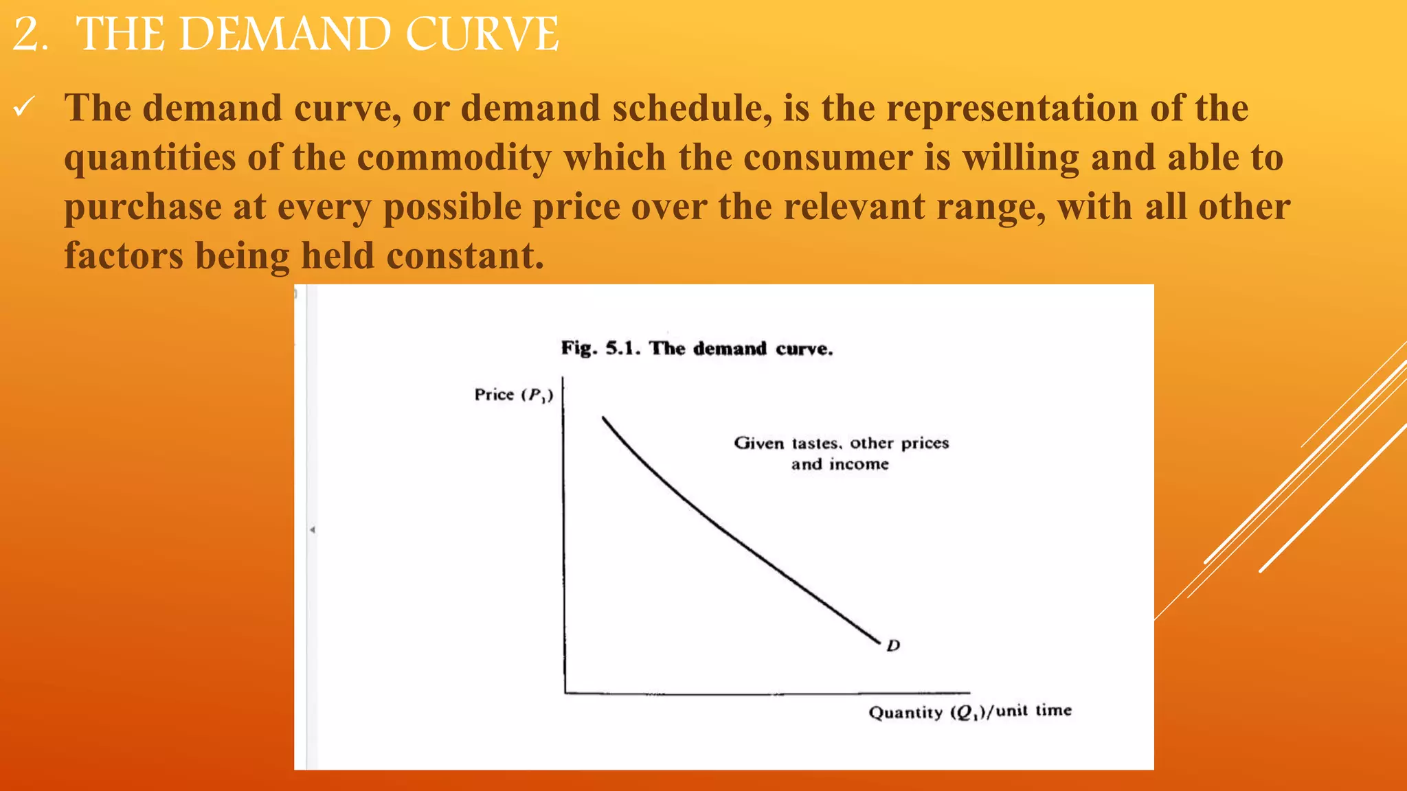 2. THE DEMAND CURVE
 The demand curve, or demand schedule, is the representation of the
quantities of the commodity which the consumer is willing and able to
purchase at every possible price over the relevant range, with all other
factors being held constant.
 