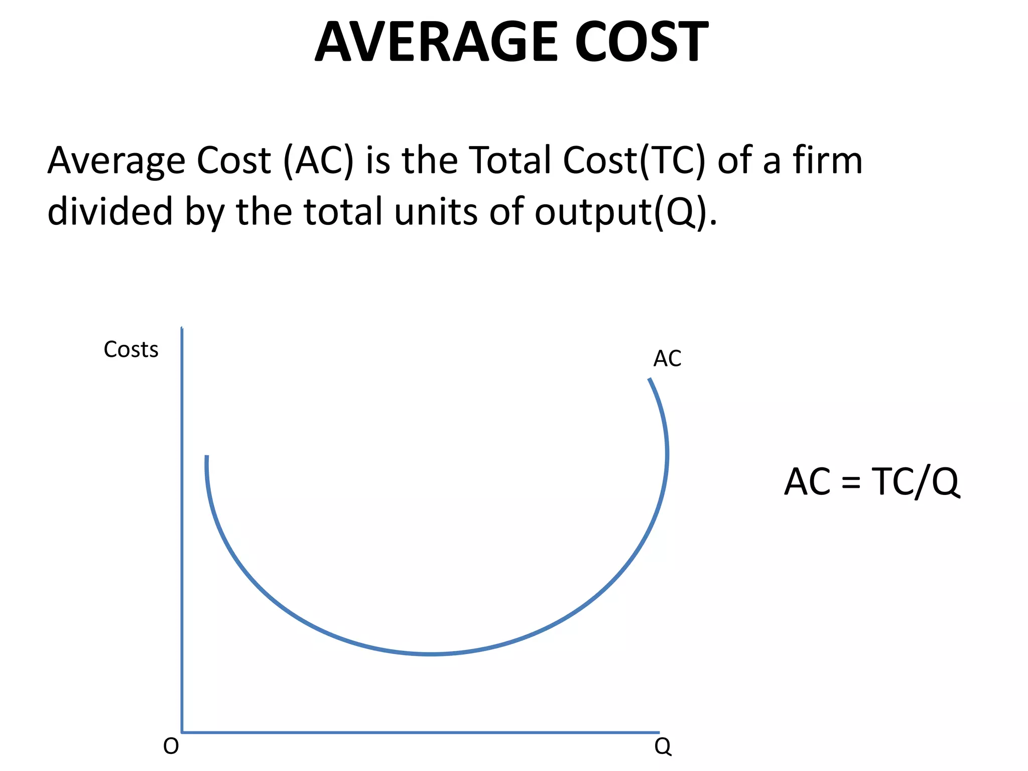 AVERAGE COST
Average Cost (AC) is the Total Cost(TC) of a firm
divided by the total units of output(Q).
Costs
O Q
AC
AC = TC/Q
