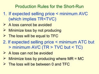 Production Rules for the Short-Run
1. If expected selling price < minimum AVC
(which implies TR<TVC)
 A loss cannot be avoided
 Minimize loss by not producing
 The loss will be equal to TFC
2. If expected selling price < minimum ATC but
> minimum AVC (TR > TVC but < TC)
 A loss can not be avoided
 Minimize loss by producing where MR = MC
 The loss will be between 0 and TFC
 