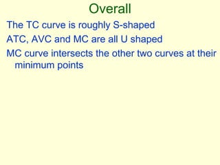 Overall
The TC curve is roughly S-shaped
ATC, AVC and MC are all U shaped
MC curve intersects the other two curves at their
minimum points
 