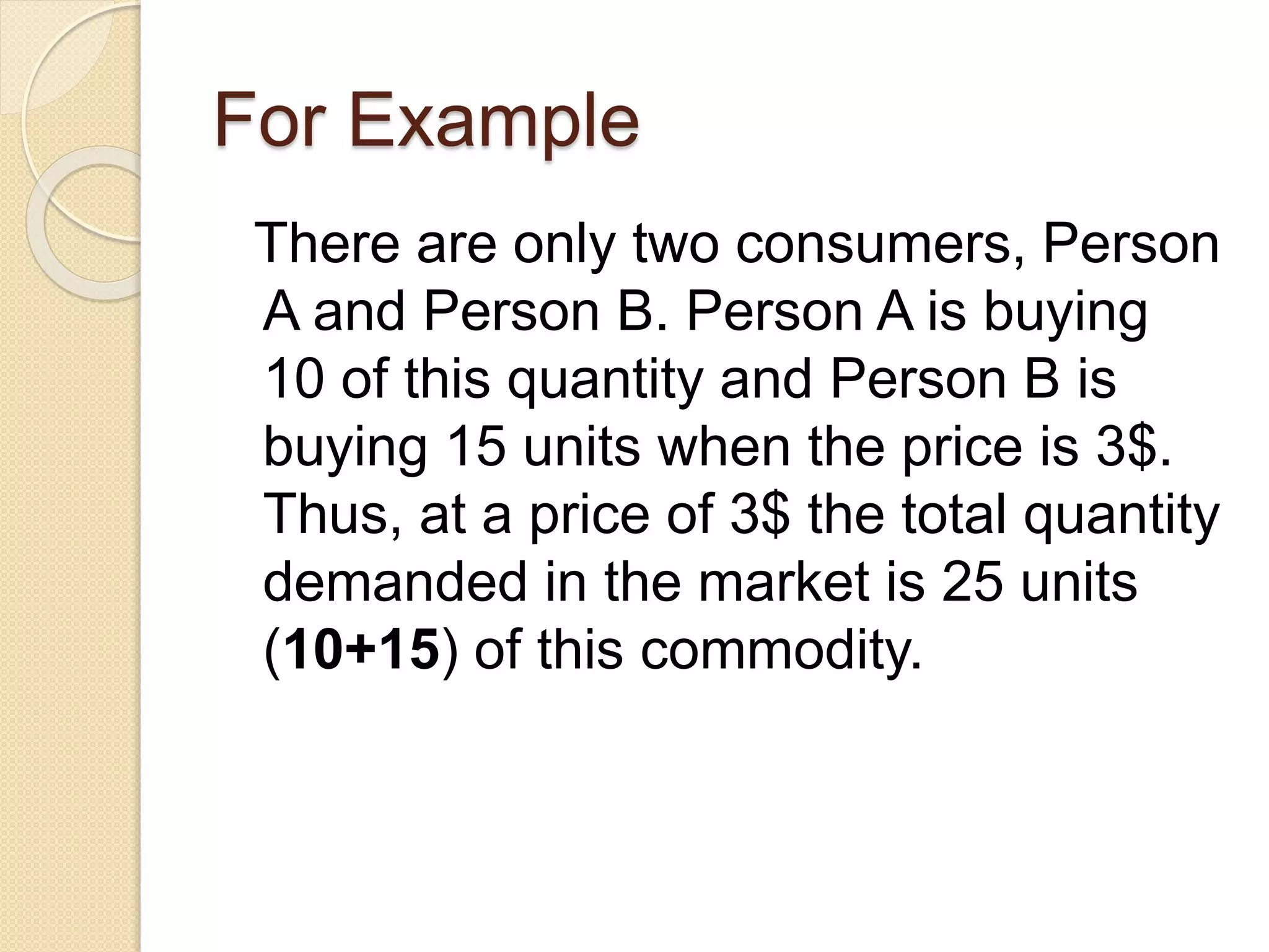 For Example
There are only two consumers, Person
A and Person B. Person A is buying
10 of this quantity and Person B is
buying 15 units when the price is 3$.
Thus, at a price of 3$ the total quantity
demanded in the market is 25 units
(10+15) of this commodity.
 
