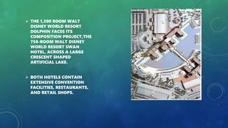  THE 1,500 ROOM WALT
DISNEY WORLD RESORT
DOLPHIN FACES ITS
COMPOSITION PROJECT,THE
758-ROOM WALT DISNEY
WORLD RESORT SWAN
HOTEL, ACROSS A LARGE
CRESCENT SHAPED
ARTIFICIAL LAKE.
 BOTH HOTELS CONTAIN
EXTENSIVE CONVENTION
FACILITIES, RESTAURANTS,
AND RETAIL SHOPS.
 