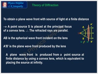 Physics Helpline
L K Satapathy Theory of Diffraction
To obtain a plane wave front with source of light at a finite distance
S
A
B
A'
B'f
 A point source S is placed at the principal focus
of a convex lens.  The refracted rays are parallel.
A plane wave front is produced from a point source at
finite distance by using a convex lens, which is equivalent to
placing the source at infinity.
AB is the spherical wave front incident on the lens
A'B' is the plane wave front produced by the lens
 