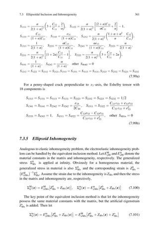 S1111 ¼
α
2ð1 þ αÞ2
3 þ
C12
C11
þ
2
α
 
; S1122 ¼
α
2ð1 þ αÞ2
ð2 þ αÞC12
αC11
þ
2
α
!
À 1;
S1133 ¼
C13
ð1 þ αÞC11
; S1143 ¼
e31
ð1 þ αÞC11
; S1212 ¼
α
2ð1 þ αÞ2
1 þ α þ α2
α
À
C12
C11
 
;
S1313 ¼
1
2ð1 þ αÞ
; S2233 ¼
αC13
ð1 þ αÞC11
; S2243 ¼
αe13
ð1 þ αÞC11
; S2323 ¼
α
2ð1 þ αÞ
;
S2211 ¼
α
2ð1 þ αÞ2
ð1 þ 2αÞ
C12
C11
À 1
!
; S2222 ¼
α
2ð1 þ αÞ2
3 þ
C12
C11
þ 2α
 
;
S4141 ¼
1
ð1 þ αÞ
; S4242 ¼
α
ð1 þ αÞ
; other SMnKl ¼ 0
S1212 ¼ S1221 ¼ S2112 ¼ S2121; S1313 ¼ S1331 ¼ S3113 ¼ S3131; S2323 ¼ S2332 ¼ S3223 ¼ S3232
(7.99a)
For a penny-shaped crack perpendicular to x3 -axis, the Eshelby tensor with
18 components is
S1313 ¼ S1331 ¼ S3113 ¼ S3131 ¼ S2323 ¼ S2332 ¼ S3223 ¼ S3232 ¼ 1 2=
S1341 ¼ S3141 ¼ S2342 ¼ S3242 ¼
e15
2C44
; S3311 ¼ S3322 ¼
C13 E33 þ e31e33
C33 E33 þ e2
33
S3333 ¼ S4343 ¼ 1; S4311 ¼ S4322 ¼
C13e33 À C33e31
C33 E33 þ e2
33
; other SMJin ¼ 0
(7.99b)
7.3.5 Ellipsoid Inhomogeneity
Analogous to elastic inhomogeneity problem, the electroelastic inhomogeneity prob-
lem can be handled by the equivalent inclusion method. Let EM
iJKl and Ein
iJKl denote the
material constants in the matrix and inhomogeneity, respectively. The generalized
stress Σ0
Mn is applied at inﬁnity. Obviously for a homogeneous material, the
generalized stress in material is also Σ0
Mn and the corresponding strain is Z0
Mn ¼
EM
iJMn
À ÁÀ1
Σ0
Mn. Assume the strain due to the inhomogeneity is ZMn and then the stress
in the matrix and inhomogeneity are, respectively,
ΣM
iJ ðxÞ ¼ EM
iJMn Z0
Mn þ ZMn xð Þ
Â Ã
; Σin
iJðxÞ ¼ Ein
iJMn Z0
Mn þ ZMnðxÞ
Â Ã
(7.100)
The key point of the equivalent inclusion method is that let the inhomogeneity
possess the same material constants with the matrix, but the artiﬁcial eigenstrain
ZÃ
Mn is added. Then let
Σin
iJðxÞ ¼ Ein
iJMn Z0
Mn þ ZMnðxÞ
Â Ã
¼ EM
iJMn Z0
Mn þ ZMnðxÞ þ ZÃ
Mn
Â Ã
(7.101)
7.3 Ellipsoidal Inclusion and Inhomogeneity 361
 