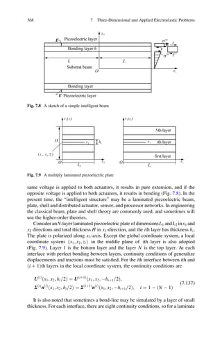same voltage is applied to both actuators, it results in pure extension, and if the
opposite voltage is applied to both actuators, it results in bending (Fig. 7.8). In the
present time, the “intelligent structure” may be a laminated piezoelectric beam,
plate, shell and distributed actuator, sensor, and processor networks. In engineering
the classical beam, plate and shell theory are commonly used, and sometimes will
use the higher-order theories.
Consider anN-layer laminated piezoelectric plate of dimensionsL1 andL2 inx1 and
x2 directions and total thickness H in x3-direction, and the ith layer has thickness hi.
The plate is polarized along x3-axis. Except the global coordinate system, a local
coordinate system x1; x2; zið Þ in the middle plane of ith layer is also adopted
(Fig. 7.9). Layer 1 is the bottom layer and the layer N is the top layer. At each
interface with perfect bonding between layers, continuity conditions of generalize
displacements and tractions must be satisﬁed. For the ith interface between ith and
ði þ 1Þth layers in the local coordinate system, the continuity conditions are
UðiÞ
x1; x2; hi 2=ð Þ ¼ Uðiþ1Þ
x1; x2; Àhiþ1 2=ð Þ;
ΣðiÞ
nðiÞ
x1; x2; hi 2=ð Þ ¼ Σðiþ1Þ
nðiÞ
x1; x2; Àhiþ1 2=ð Þ; i ¼ 1 À ðN À 1Þ
(7.137)
It is also noted that sometimes a bond-line may be simulated by a layer of small
thickness. For each interface, there are eight continuity conditions, so for a laminate
Fig. 7.8 A sketch of a simple intelligent beam
Fig. 7.9 A multiply laminated piezoelectric plate
368 7 Three-Dimensional and Applied Electroelastic Problems
 