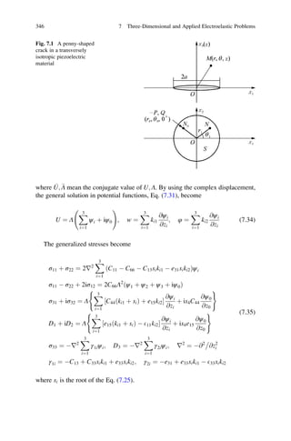 where U; Λ mean the conjugate value of U; Λ. By using the complex displacement,
the general solution in potential functions, Eq. (7.31), become
U ¼ Λ
X3
i¼1
ψi þ iψ0
!
; w ¼
X3
i¼1
ki1
@ψi
@zi
; φ ¼
X3
i¼1
ki2
@ψi
@zi
(7.34)
The generalized stresses become
σ11 þ σ22 ¼ 2r2
X3
i¼1
ðC11 À C66 À C13siki1 À e31siki2Þψi
σ11 À σ22 þ 2iσ12 ¼ 2C66Λ2
ðψ1 þ ψ2 þ ψ3 þ iψ0Þ
σ31 þ iσ32 ¼ Λ
X3
i¼1
C44ðki1 þ siÞ þ e15ki2½ Š
@ψi
@zi
þ is4C44
@ψ0
@z0
( )
D1 þ iD2 ¼ Λ
X3
i¼1
e15ðki1 þ siÞ À E11ki2½ Š
@ψi
@zi
þ is4e15
@ψ0
@z0
( )
σ33 ¼ Àr2
X3
i¼1
γ1iψi; D3 ¼ Àr2
X3
i¼1
γ2iψi; r2
¼ À@2
@z2
i

γ1i ¼ ÀC13 þ C33siki1 þ e33siki2; γ2i ¼ Àe31 þ e33siki1 À E33siki2
(7.35)
where si is the root of the Eq. (7.25).
Fig. 7.1 A penny-shaped
crack in a transversely
isotropic piezoelectric
material
346 7 Three-Dimensional and Applied Electroelastic Problems
 