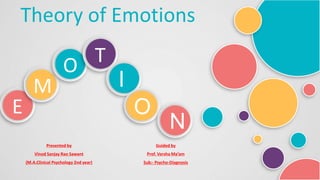E
M
O T
Theory of Emotions
Presented by
Vinod Sanjay Rao Sawant
(M.A.Clinical Psychology 2nd year)
I
O
N
Guided by
Prof. Varsha Ma’am
Sub:- Psycho-Diagnosis
 