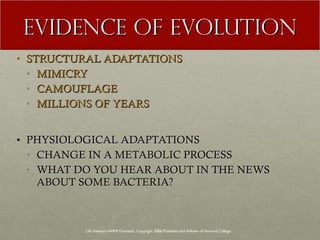 EVIDENCE OF EVOLUTION STRUCTURAL ADAPTATIONS MIMICRY CAMOUFLAGE MILLIONS OF YEARS PHYSIOLOGICAL ADAPTATIONS CHANGE IN A METABOLIC PROCESS WHAT DO YOU HEAR ABOUT IN THE NEWS ABOUT SOME BACTERIA? Life Sciences-HHMI Outreach. Copyright 2006 President and Fellows of Harvard College . 