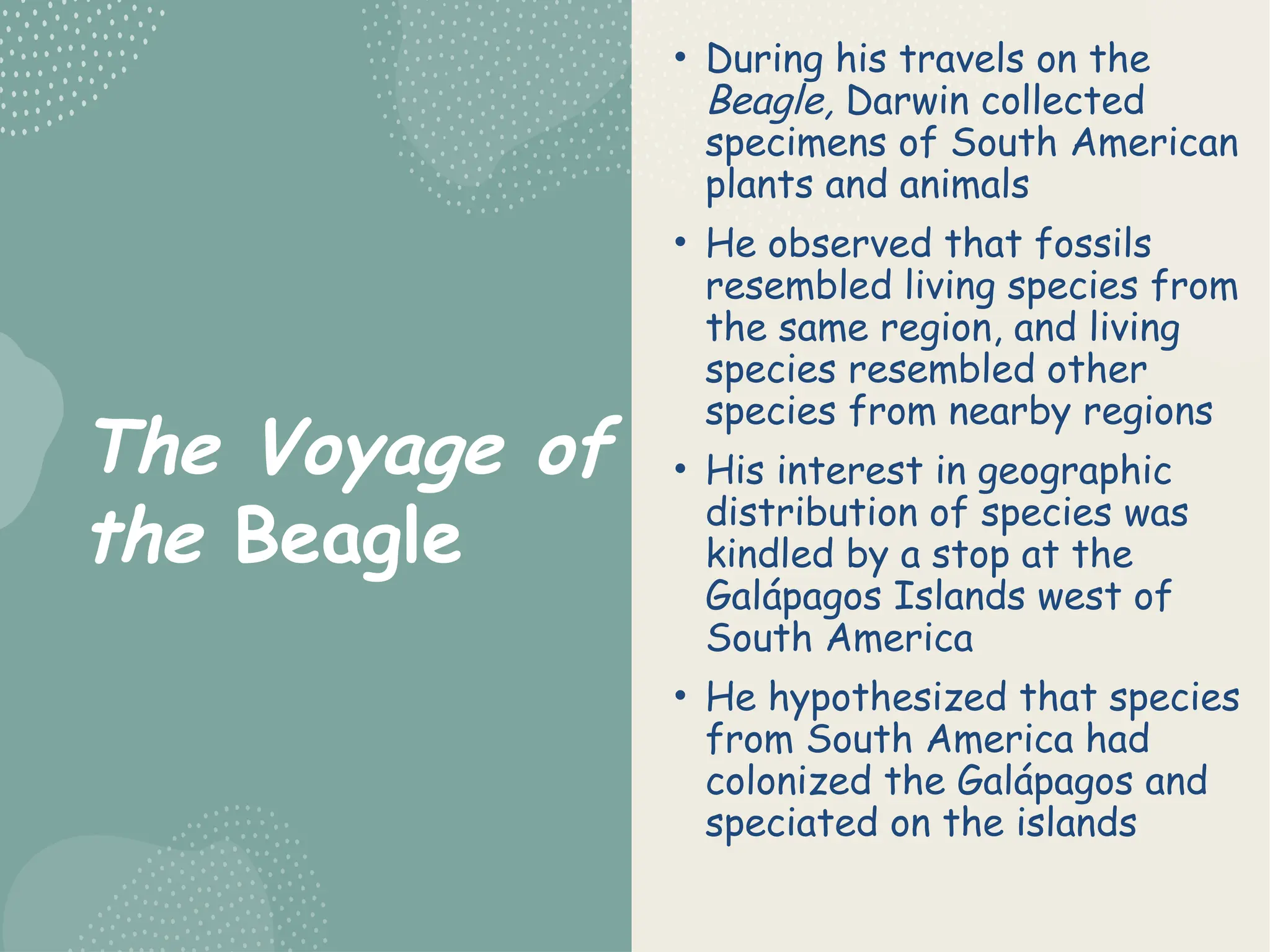 The Voyage of
the Beagle
• During his travels on the
Beagle, Darwin collected
specimens of South American
plants and animals
• He observed that fossils
resembled living species from
the same region, and living
species resembled other
species from nearby regions
• His interest in geographic
distribution of species was
kindled by a stop at the
Galápagos Islands west of
South America
• He hypothesized that species
from South America had
colonized the Galápagos and
speciated on the islands
 