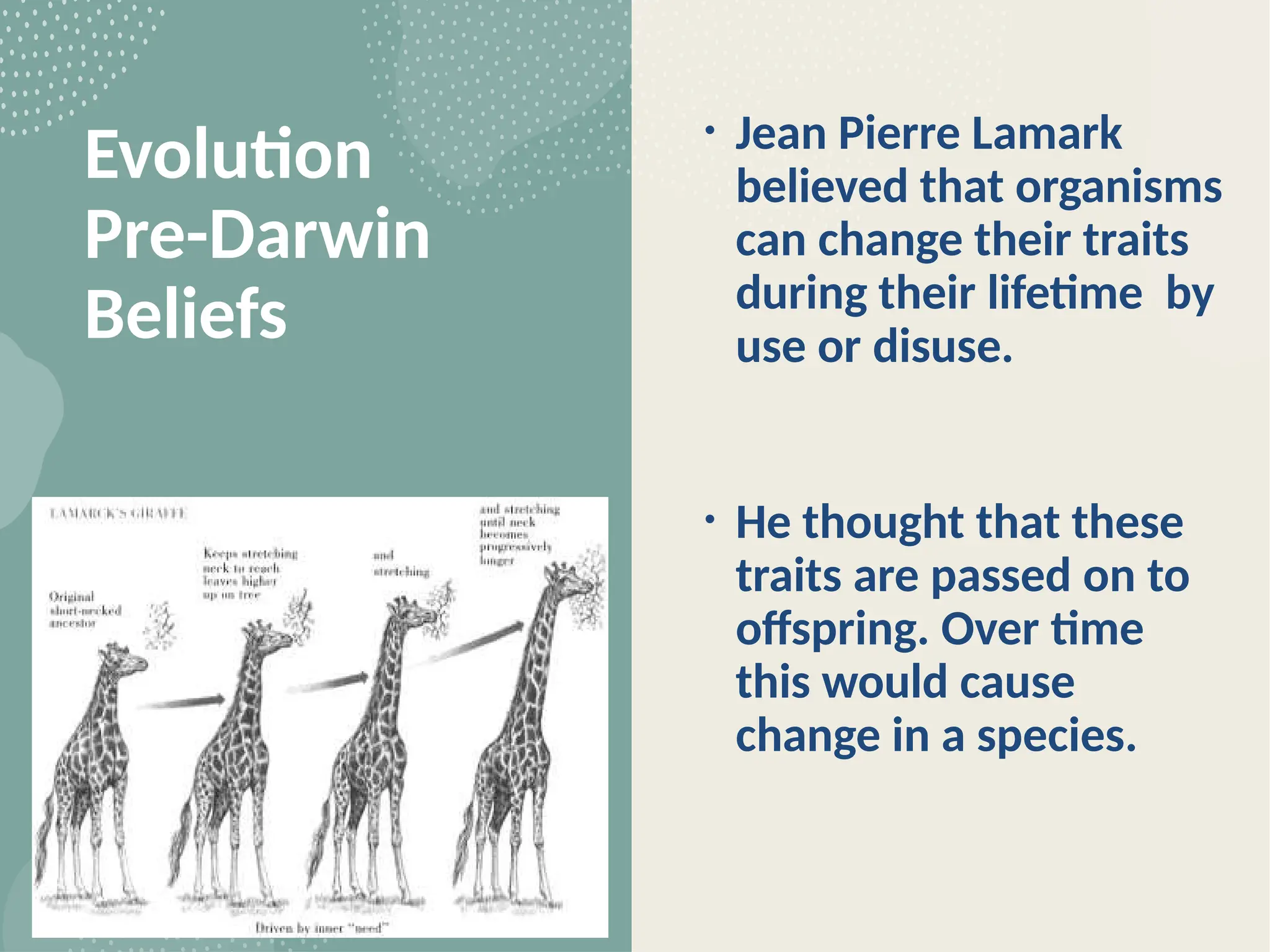 Evolution
Pre-Darwin
Beliefs
• Jean Pierre Lamark
believed that organisms
can change their traits
during their lifetime by
use or disuse.
• He thought that these
traits are passed on to
offspring. Over time
this would cause
change in a species.
 