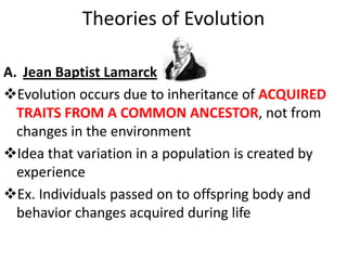 Theories of Evolution

A. Jean Baptist Lamarck
Evolution occurs due to inheritance of ACQUIRED
  TRAITS FROM A COMMON ANCESTOR, not from
  changes in the environment
Idea that variation in a population is created by
  experience
Ex. Individuals passed on to offspring body and
  behavior changes acquired during life
 