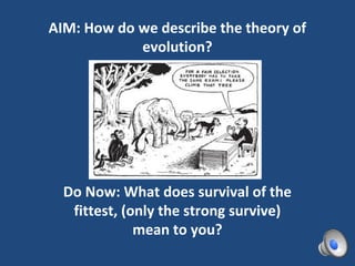 AIM: How do we describe the theory of
            evolution?




  Do Now: What does survival of the
   fittest, (only the strong survive)
              mean to you?
 