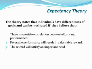 Expectancy Theory
The theory states that individuals have different sets of
goals and can be motivated if they believe that:
1. There is a positive correlation between efforts and
performance.
2. Favorable performance will result in a desirable reward.
3. The reward will satisfy an important need
 