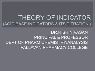 DR.R.SRINIVASAN
PRINCIPAL & PROFESSOR
DEPT OF PHARM CHEMISTRY/ANALYSIS
PALLAVAN PHARMACY COLLEGE
 