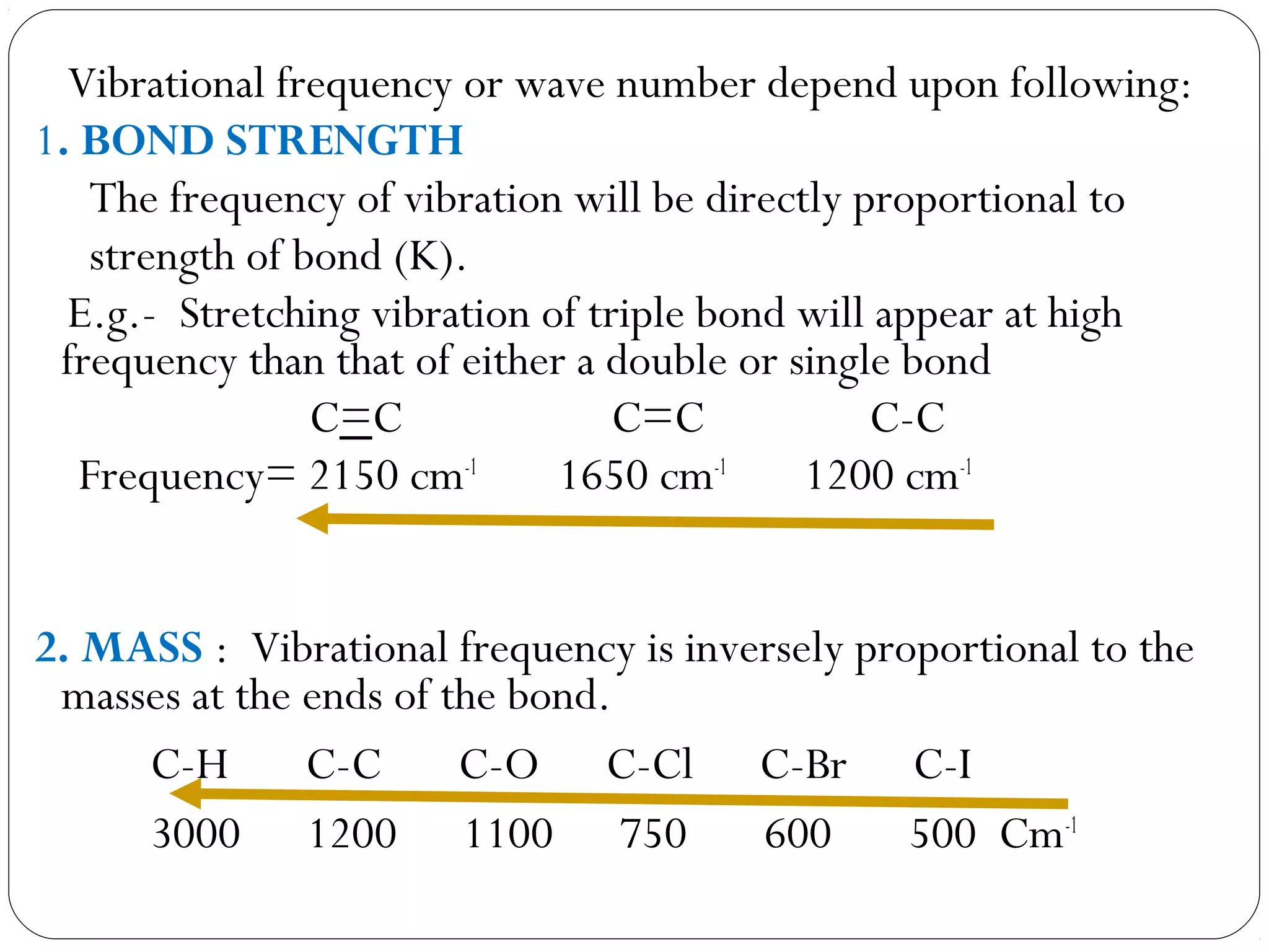 Vibrational frequency or wave number depend upon following:
1. BOND STRENGTH
The frequency of vibration will be directly proportional to
strength of bond (K).
E.g.- Stretching vibration of triple bond will appear at high
frequency than that of either a double or single bond
C=C C=C C-C
Frequency= 2150 cm-1
1650 cm-1
1200 cm-1
2. MASS : Vibrational frequency is inversely proportional to the
masses at the ends of the bond.
C-H C-C C-O C-Cl C-Br C-I
3000 1200 1100 750 600 500 Cm-1
 