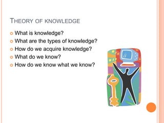 Theory of knowledgeWhat is knowledge?What are the types of knowledge?How do we acquire knowledge?What do we know?How do we know what we know?