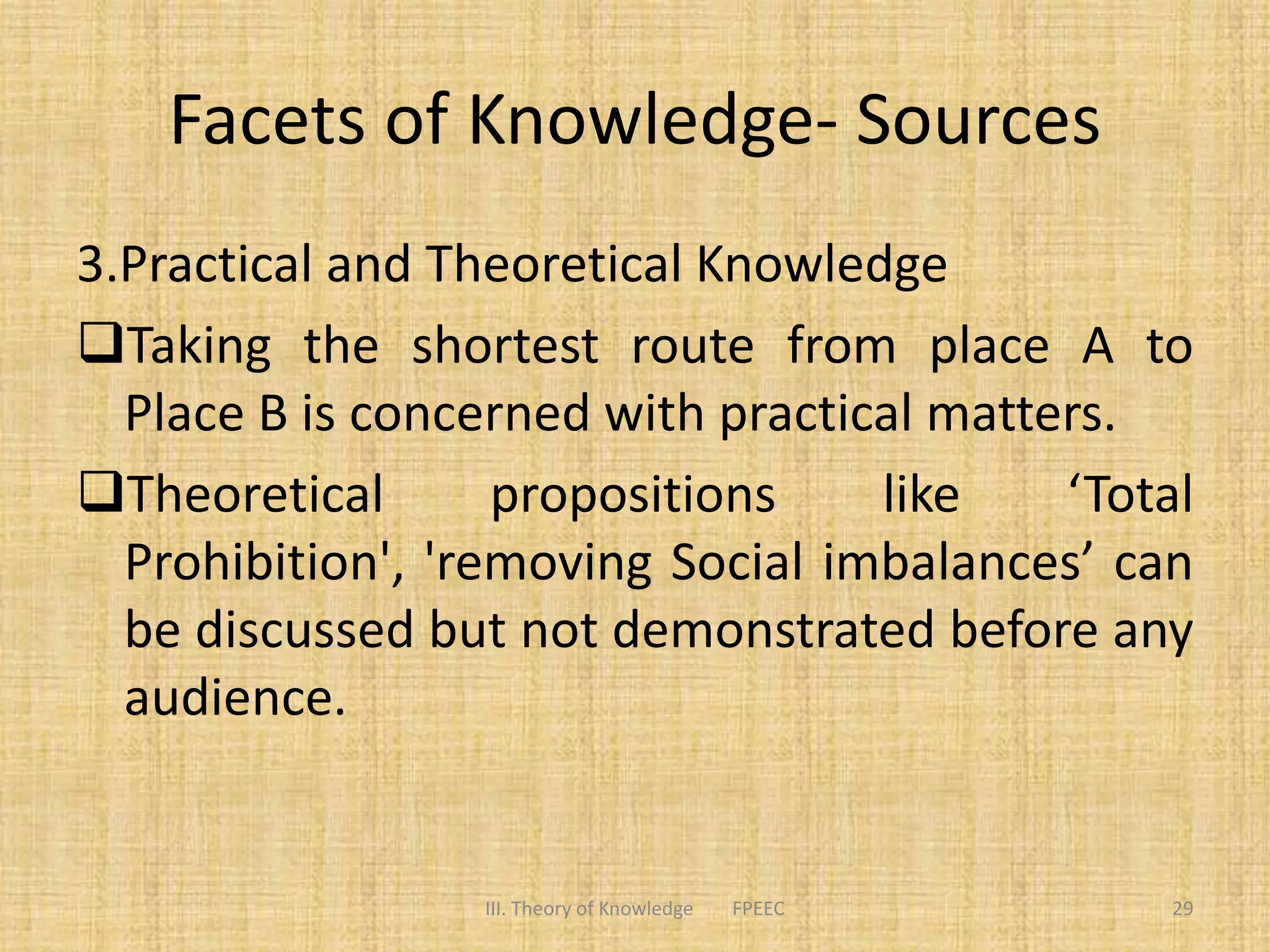 Facets of Knowledge- Sources
3.Practical and Theoretical Knowledge
Taking the shortest route from place A to
Place B is concerned with practical matters.
Theoretical propositions like ‘Total
Prohibition', 'removing Social imbalances’ can
be discussed but not demonstrated before any
audience.
III. Theory of Knowledge FPEEC 29
 