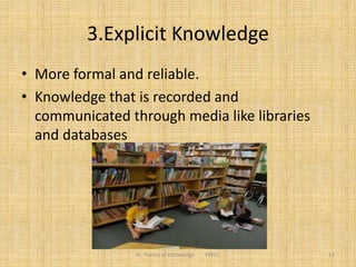 3.Explicit Knowledge
• More formal and reliable.
• Knowledge that is recorded and
communicated through media like libraries
and databases
13III. Theory of Knowledge FPEEC
 