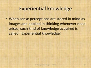 Experiential knowledge
• When sense perceptions are stored in mind as
images and applied in thinking whenever need
arises, such kind of knowledge acquired is
called ‘ Experiential knowledge’.
III. Theory of Knowledge FPEEC 33
 