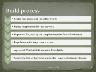 .tex + libs
• Source code containing the author’s work
.dvi
• Device independent file – too universal
.aux
• By product file, used by the compiler to resolve forward references
.log
• Logs the compilation process - errors
.ps
• A printable PostScript file obtained from dvi file
.pdf
• Something that we have been waiting for – a portable document format
10Theory of LaTeX
 