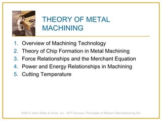 THEORY OF METAL
MACHINING
1. Overview of Machining Technology
2. Theory of Chip Formation in Metal Machining
3. Force Relationships and the Merchant Equation
4. Power and Energy Relationships in Machining
5. Cutting Temperature
©2013 John Wiley & Sons, Inc. M P Groover, Principles of Modern Manufacturing 5/e
 