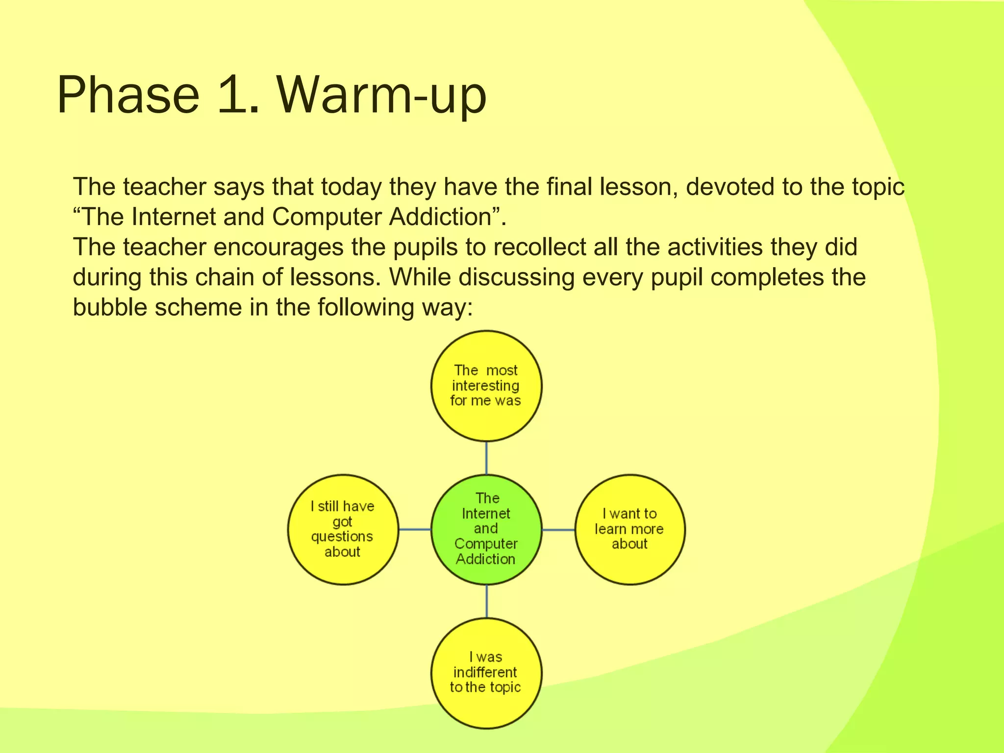 Phase 1. Warm-up The teacher says that today they have the final lesson, devoted to the topic “The Internet and Computer Addiction”. The teacher encourages the pupils to recollect all the activities they did during this chain of lessons. While discussing every pupil completes the bubble scheme in the following way: 