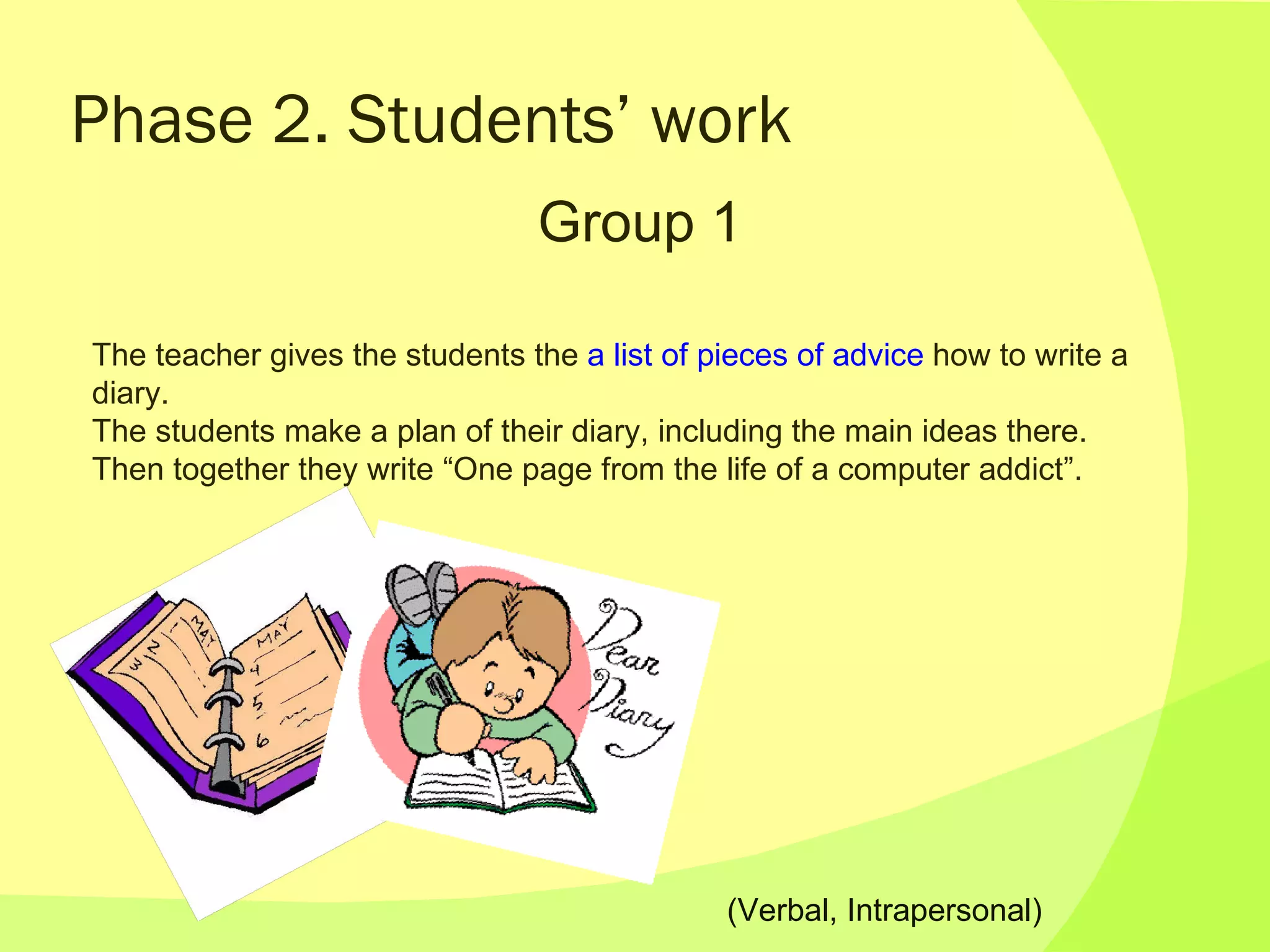 Phase 2. Students’ work Group 1 The teacher gives the students the  a list of pieces of advice  how to write a diary.  The students make a plan of their diary, including the main ideas there. Then together they write “One page from the life of a computer addict”. (Verbal, Intrapersonal)  