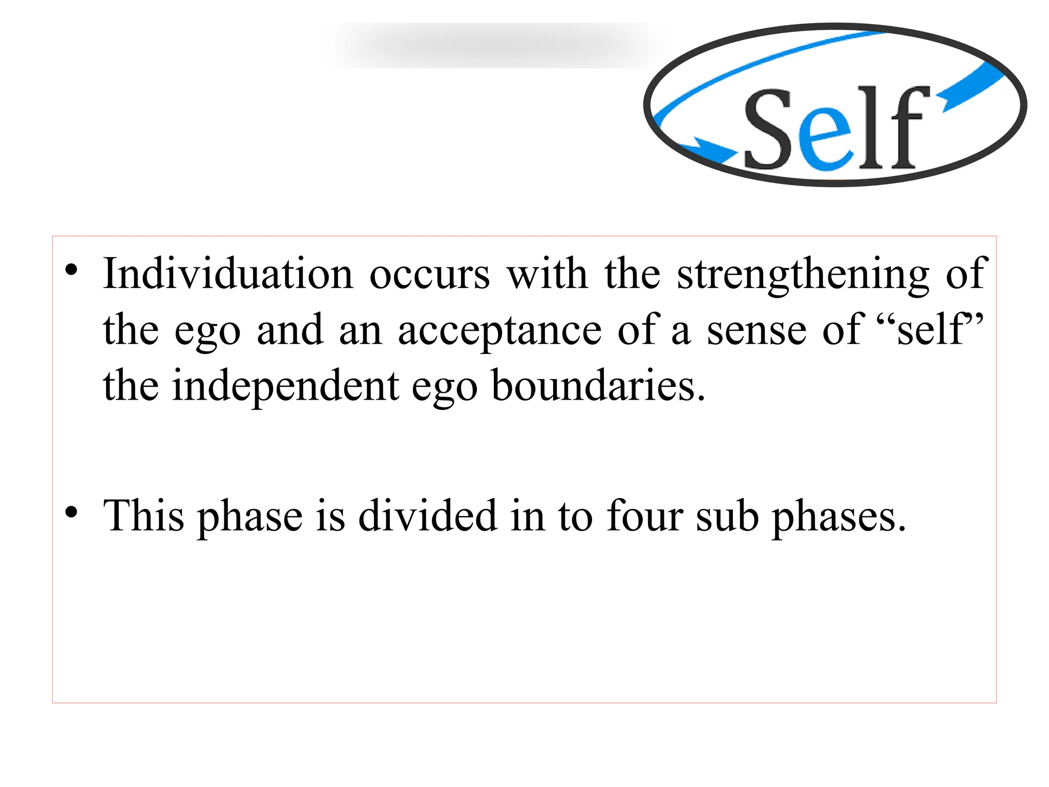• Individuation occurs with the strengthening of
the ego and an acceptance of a sense of “self”
the independent ego boundaries.
• This phase is divided in to four sub phases.
 