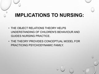 IMPLICATIONS TO NURSING:
• THE OBJECT RELATIONS THEORY HELPS
UNDERSTANDING OF CHILDREN'S BEHAVIOUR AND
GUIDES NURSING PRACTICE.
• THE THEORY PROVIDES CONCEPTUAL MODEL FOR
PRACTICING PSYCHODYNAMIC FAMILY.
 