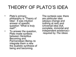 THEORY OF PLATO’S IDEA
• Plato’s primary
philosophy is “Theory of
Idea”. It was intuition
answer of spesific
question “What is truly
real?”.
• To answer the question,
Plato made syntesis
between Heraclitus
Becoming and
Parmenidean Being--to
integrate them a new
the dualistic synthesis of
being and becoming.
The syntesis was; there
are particular idea
(always change and
nothing at rest) and
Universal idea (full,
complete, immortal and
independent existence)--
required by The Ideas.
 