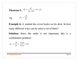 Dr. Brajesh Kumar Jha Page 31
Theorem 5: knkn Ck
kn
n
P !
)!(
!
=
−
=
Or !k
P
C kn
kn =
Example 6: A student has seven books on his desk. In how
many different ways can he select a set of three?
Solution: Since the order is not important, this is a
combination problem:
35
1.2.3
5.6.7
!3
37
37 ===
P
C
 