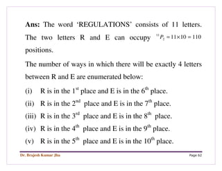 Dr. Brajesh Kumar Jha Page 62
Ans: The word ‘REGULATIONS’ consists of 11 letters.
The two letters R and E can occupy 11010112
11
=×=P
positions.
The number of ways in which there will be exactly 4 letters
between R and E are enumerated below:
(i) R is in the 1st
place and E is in the 6th
place.
(ii) R is in the 2nd
place and E is in the 7th
place.
(iii) R is in the 3rd
place and E is in the 8th
place.
(iv) R is in the 4th
place and E is in the 9th
place.
(v) R is in the 5th
place and E is in the 10th
place.
 