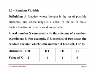 Dr. Brajesh Kumar Jha Page 68
L6 – Random Variable
Definition: A function whose domain is the set of possible
outcomes, and whose range is a subset of the set of reals.
Such a function is called a random variable.
A real number X connected with the outcome of a random
experiment E. For example, if E consisits of two tosses the
random variable which is the number of heads (0, 1 or 2).
Outcome: HH HT TH TT
Value of X 2 1 1 0
 