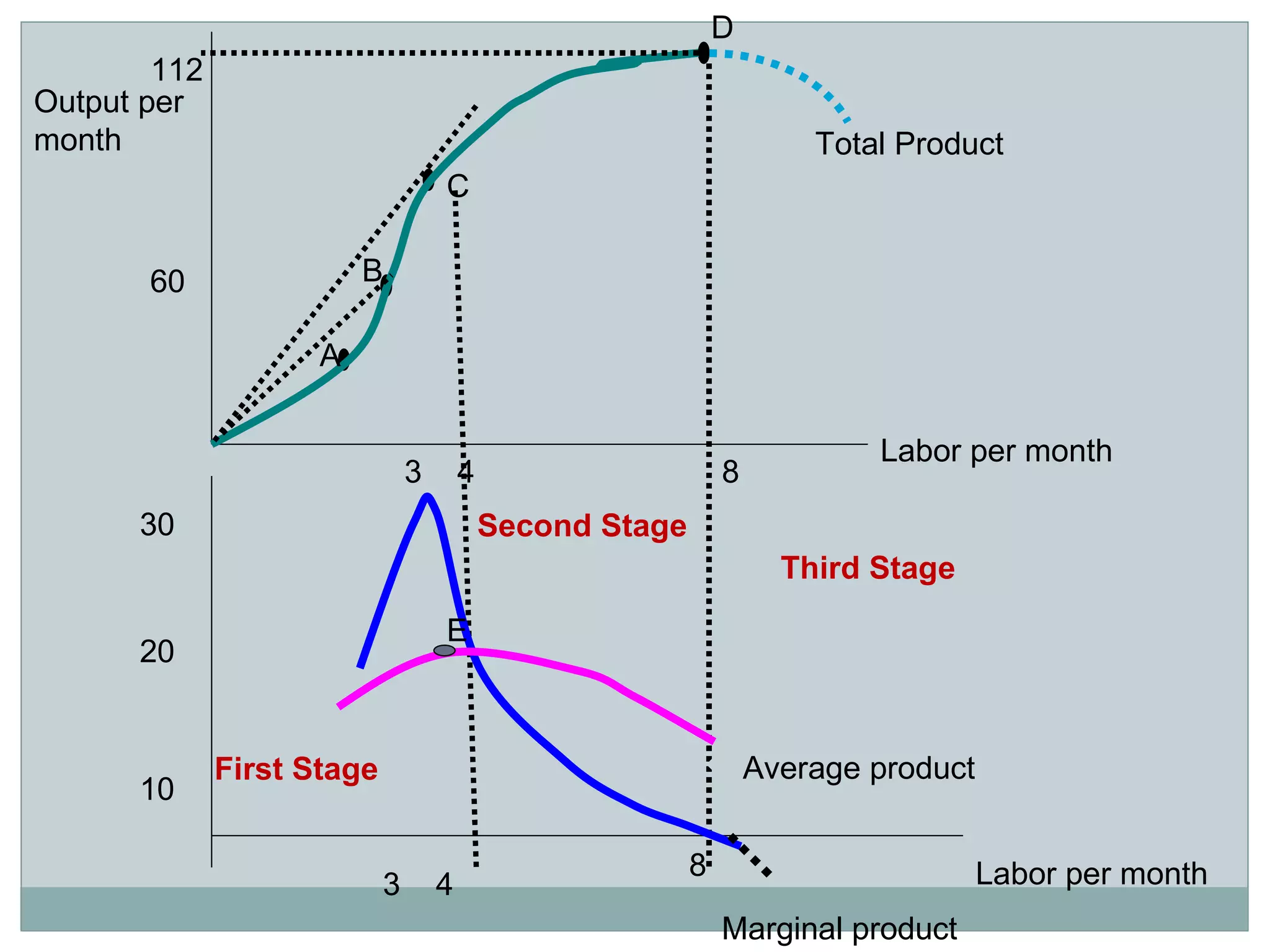 A C B Total Product Labor per month 3 4 8 8 4 3 E Average product Marginal product Output per month 112 Labor per month 60 30 20 10 D First   Stage Second   Stage Third   Stage 