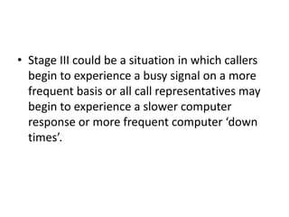 • Stage III could be a situation in which callers
begin to experience a busy signal on a more
frequent basis or all call representatives may
begin to experience a slower computer
response or more frequent computer ‘down
times’.
 