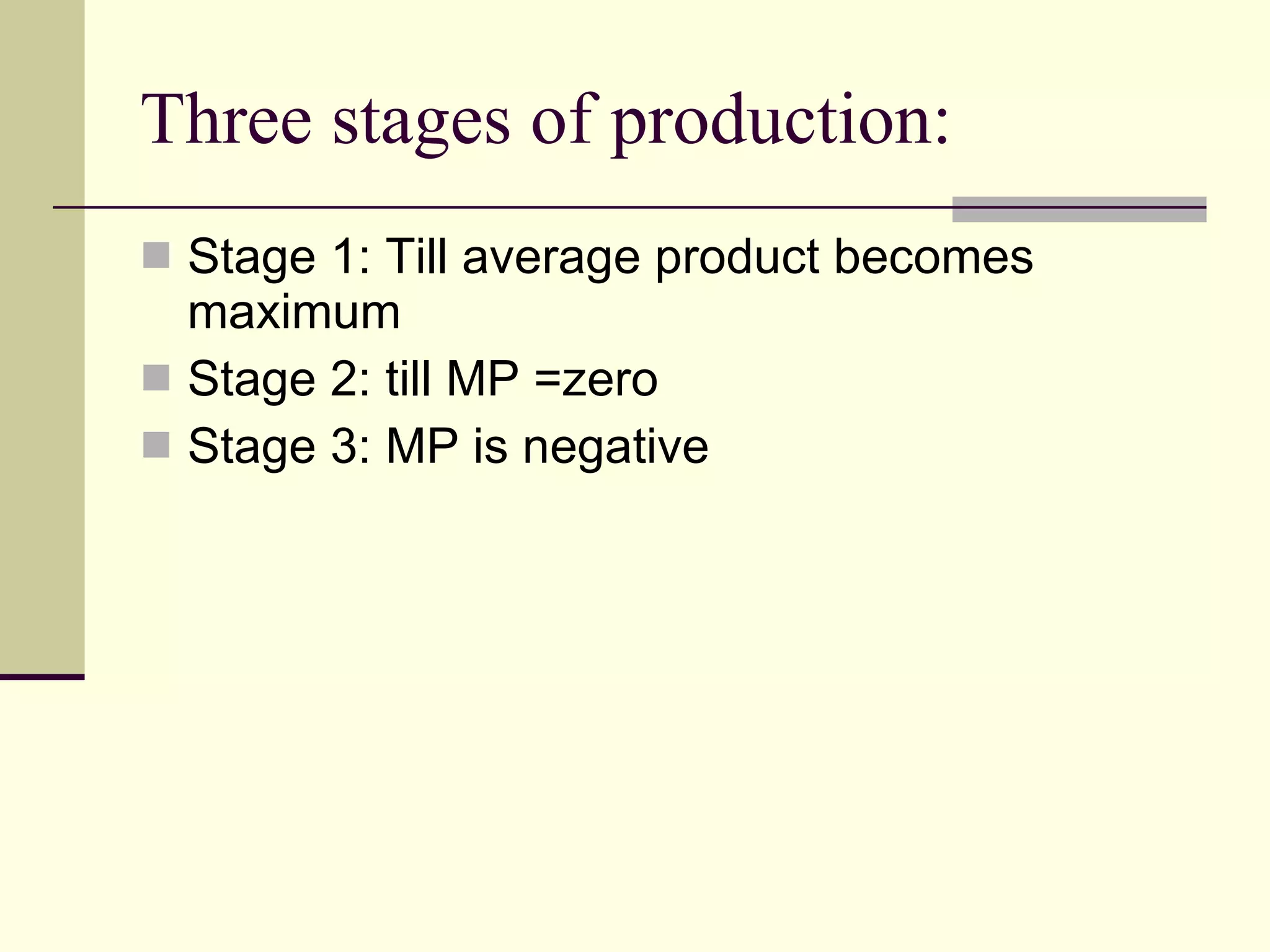Three stages of production: Stage 1: Till average product becomes maximum Stage 2: till MP =zero Stage 3: MP is negative 