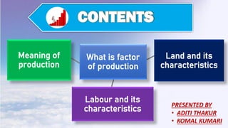 CONTENTS
Meaning of
production
What is factor
of production
Land and its
characteristics
Labour and its
characteristics
PRESENTED BY
• ADITI THAKUR
• KOMAL KUMARI
 