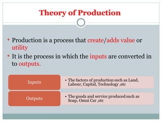 Theory of Production
 Production is a process that create/adds value or
utility
 It is the process in which the inputs are converted in
to outputs.
 