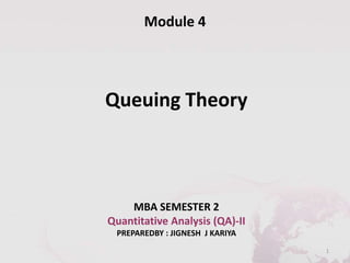 Module 4
Queuing Theory
MBA SEMESTER 2
Quantitative Analysis (QA)-II
PREPAREDBY : JIGNESH J KARIYA
1
 