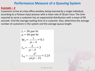 Performance Measure of a Queuing System
36By: Jignesh Kariya
Example – 2
Customers arrive at a box office window, being manned by a single individual,
according to a Poisson input process with a mean rate of 30 per hour. The time
required to serve a customer has an exponential distribution with a mean of 90
seconds. Find the average waiting time of a customer. Also, determine the average
number of customers in the system and the average queue length.
 