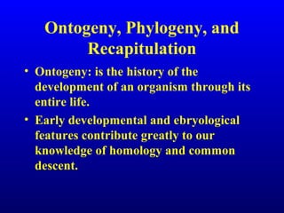 • Ontogeny: is the history of the
development of an organism through its
entire life.
• Early developmental and ebryological
features contribute greatly to our
knowledge of homology and common
descent.
Ontogeny, Phylogeny, and
Recapitulation
 
