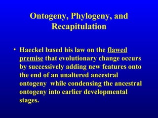 Ontogeny, Phylogeny, and
Recapitulation
• Haeckel based his law on the flawed
premise that evolutionary change occurs
by successively adding new features onto
the end of an unaltered ancestral
ontogeny while condensing the ancestral
ontogeny into earlier developmental
stages.
 