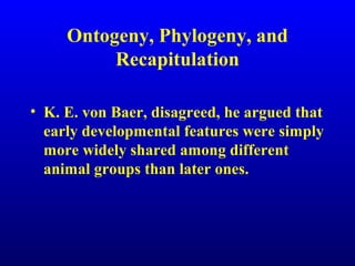 Ontogeny, Phylogeny, and
Recapitulation
• K. E. von Baer, disagreed, he argued that
early developmental features were simply
more widely shared among different
animal groups than later ones.
 
