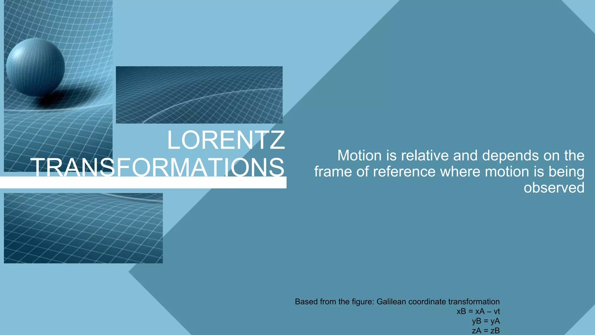 LORENTZ
TRANSFORMATIONS
Motion is relative and depends on the
frame of reference where motion is being
observed
Based from the figure: Galilean coordinate transformation
xB = xA – vt
yB = yA
zA = zB
 