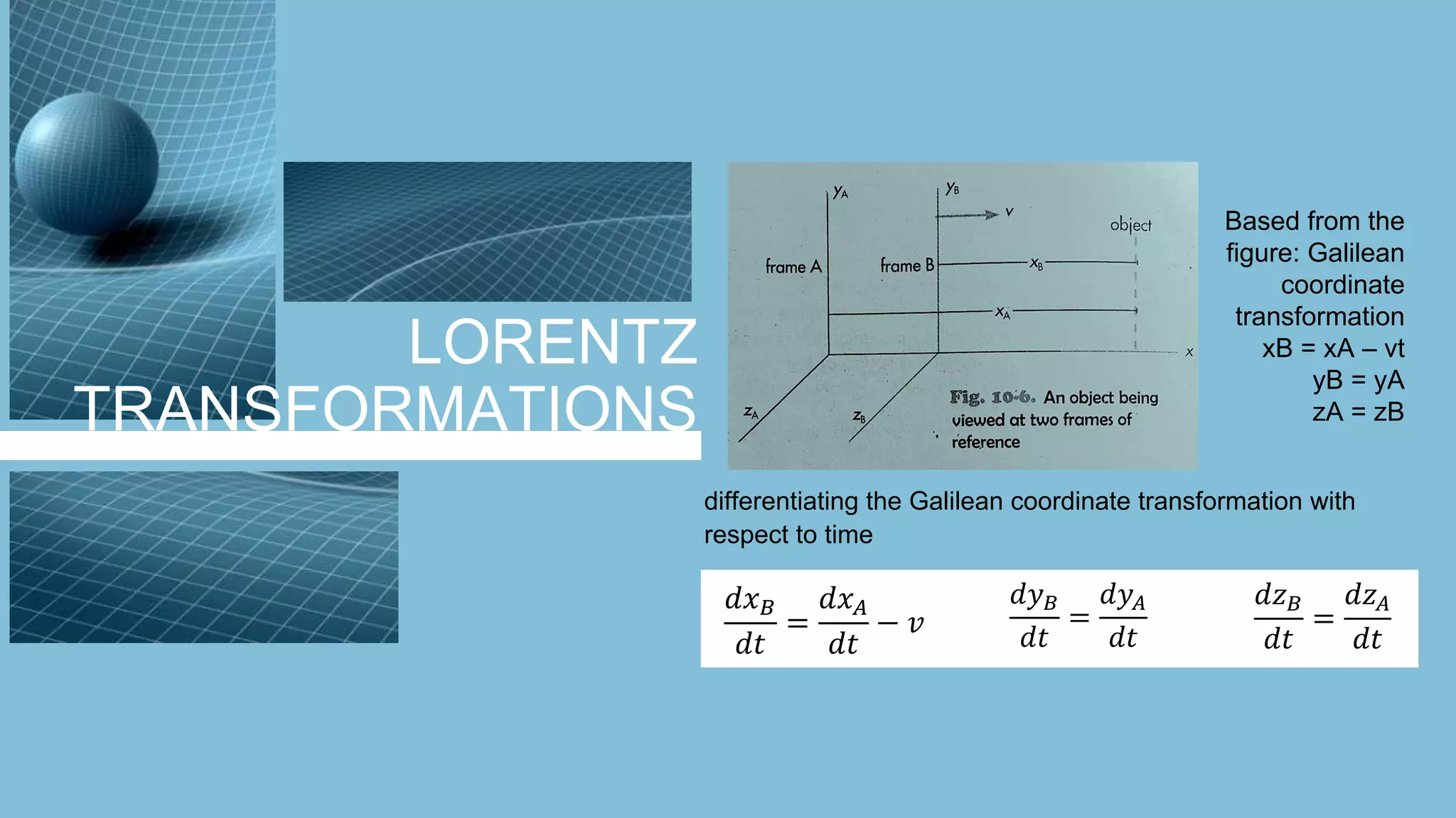 LORENTZ
TRANSFORMATIONS
Based from the
figure: Galilean
coordinate
transformation
xB = xA – vt
yB = yA
zA = zB
differentiating the Galilean coordinate transformation with
respect to time
𝑑𝑥 𝐵
𝑑𝑡
=
𝑑𝑥 𝐴
𝑑𝑡
− 𝑣
𝑑𝑦 𝐵
𝑑𝑡
=
𝑑𝑦 𝐴
𝑑𝑡
𝑑𝑧 𝐵
𝑑𝑡
=
𝑑𝑧 𝐴
𝑑𝑡
 